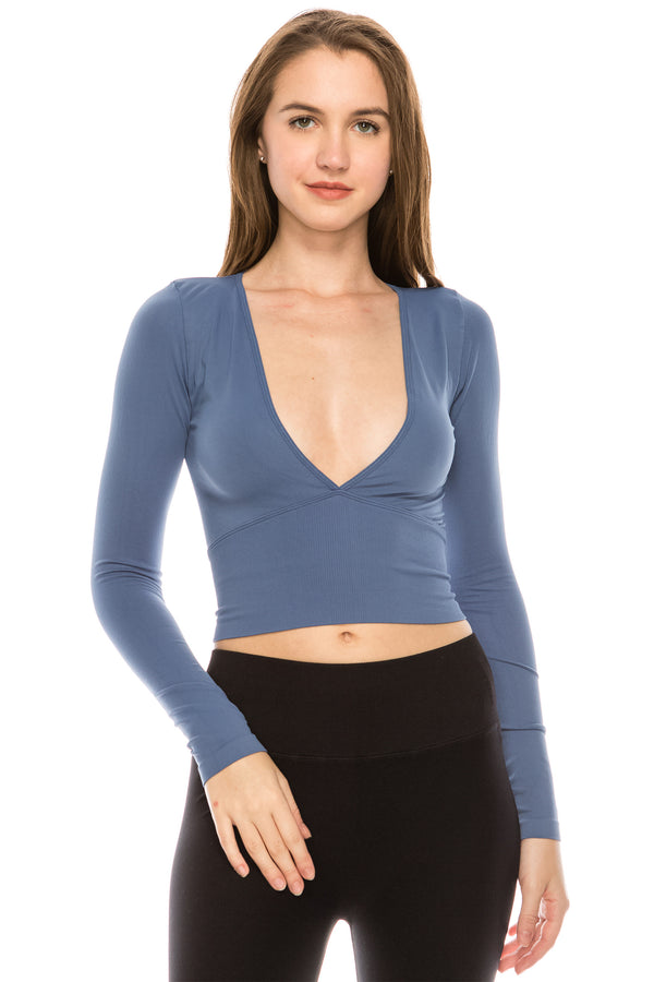 KURVE BUTTER SOFT PLUNGING LONG SLEEVE CROP TOP