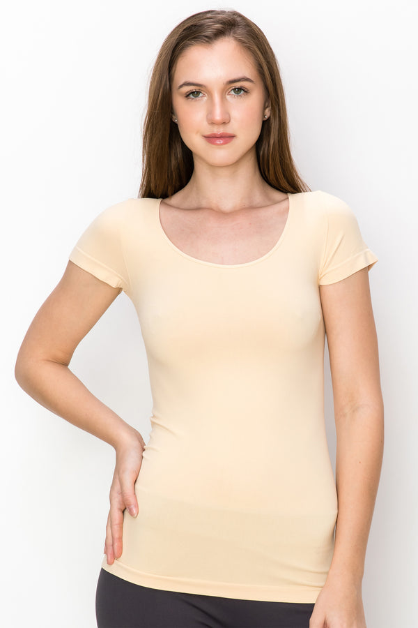 KURVE BUTTER SOFT BASIC SEAMLESS SCOOP NECK CAP SLEEVE TOP